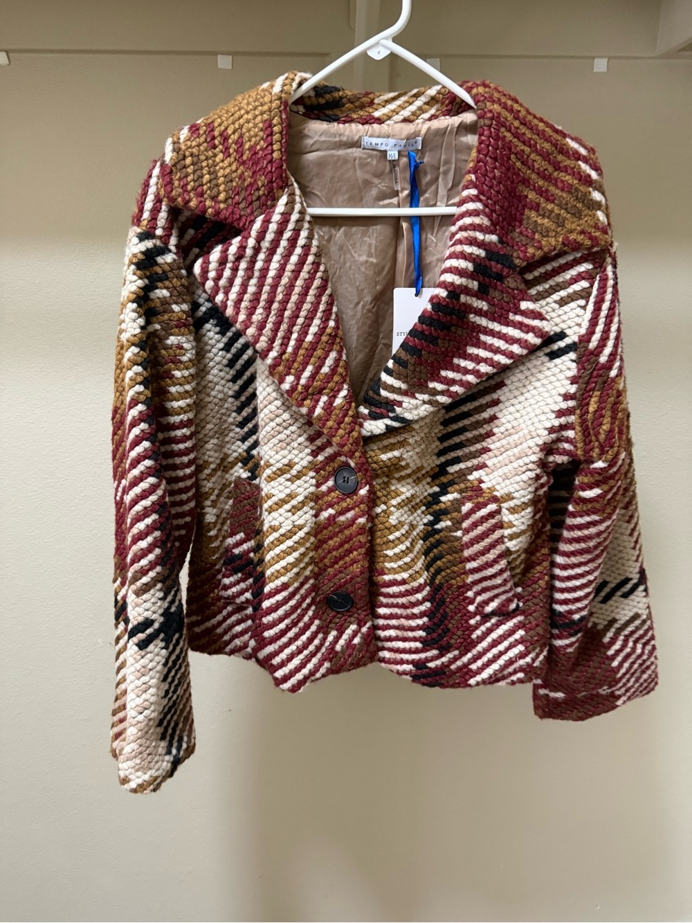 Tempo Paris Multicolor Textured Boho Suit Coat Jacket in Burgundy, Cream & Tan